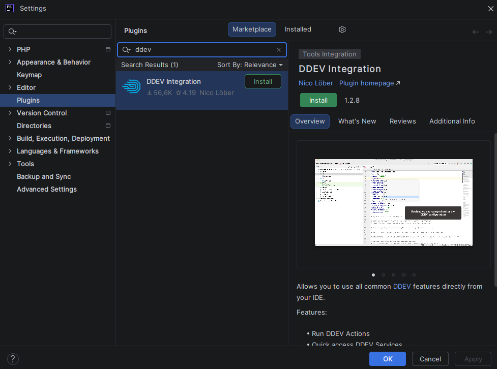 Plugin DDEV Integration dans PHPStorm